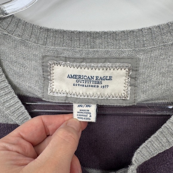 Vintage Y2K AEO Striped Cardigan Sweater Women's M Purple Gray Elbow Patch‎ - Picture 5 of 15